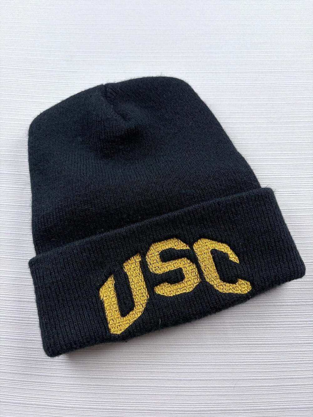 Vintage USC Trojans Cuffed Knit Beanie Black Gold Embroidered Made in USA